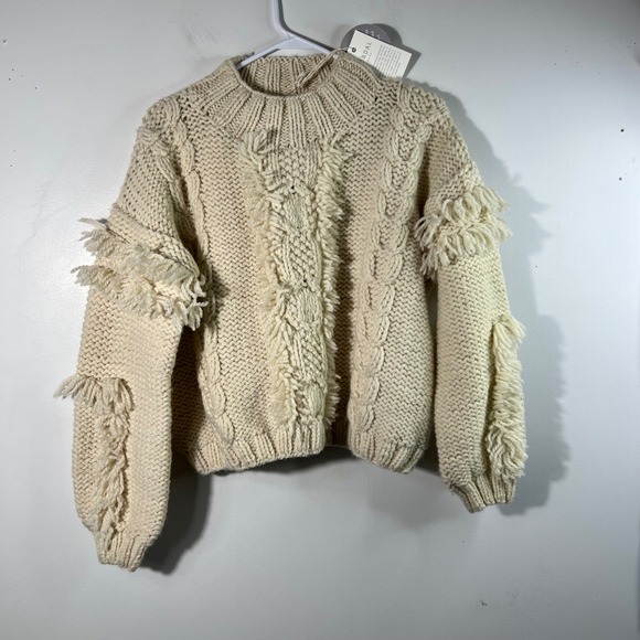 Kordal Chunky Knit Highland Wool Fringe Sweater Cream Cable Knit M NWT - Picture 2 of 16